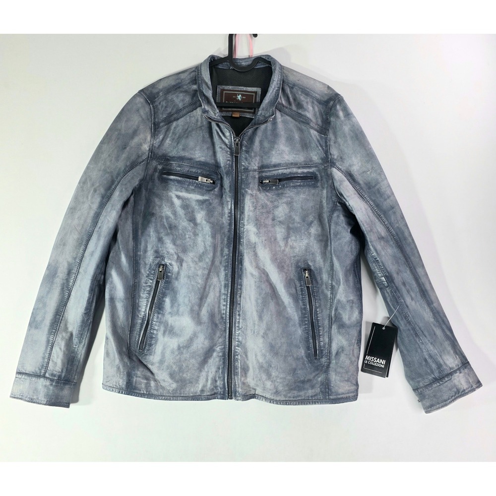 NWT Patrick James Missani Le Collezioni Leather Jacket Mens M Ice Blue Moto Coat